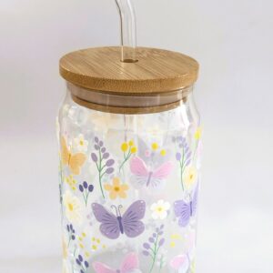Glass Libby Cup/Can -16oz with Straw and Bamboo Lid - Butterflies