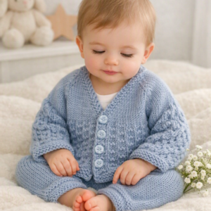 Merino/Cashmere Blend  Unisex Baby Cardigan with Matching Socks; Blue; 0-3 Months
