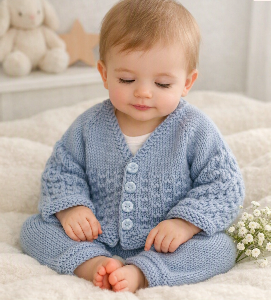 Merino/Cashmere Blend Unisex Baby Cardigan with Matching Socks; Blue; 0-3 Months