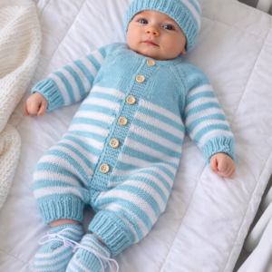 Luxurious Baby Romper Set - Blue & White - Size 0-3 months - Cashmere and Merino