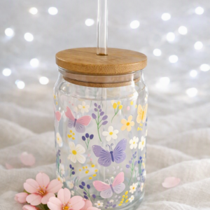 Glass Libby Cup/Can -16oz with Straw and Bamboo Lid - Butterflies