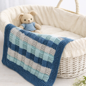 Luxury Cashmere Blend Baby Blanket and Matching Hat;  Blue and Grey (46x38cm)