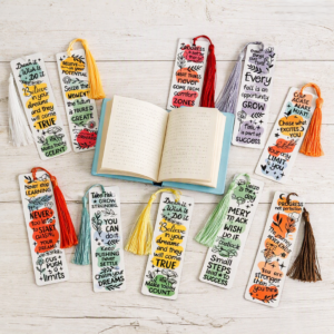 Sublimated, Handmade-style metal bookmark with positive, inspirational quotes