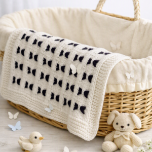 Handknitted 'Butterfly' Baby Blanket: White and Purple Aran, Soft and Warm