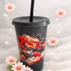 Tumbler; Dark Grey Dragon; 24oz Cold Cup with Lid and Straw