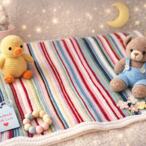 Hand-Knitted Baby Blanket: A rainbow of comfort, knitted with care. Striped Cashmerino Wool; Cuddle Blanket