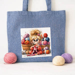 Girl Knitting Print, Blue Cotton Tote Bag;  Eco Friendly; Reusable Shopping Bag