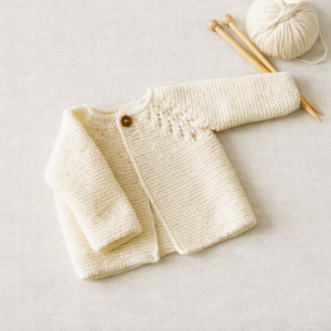 Elegant Unisex Baby Cardigan; Size 0-3 months; 100% Merino yarn; Cream/Ecru