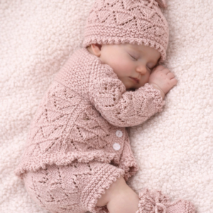 Hand‑Knitted Baby Matinee Set;  0–3 Months; Cashmere Blend Wool; Dusky Pink; Jacket, Hat & Booties;  Newborn Gift;  Heirloom Knitwear