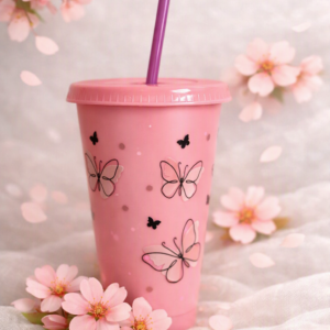 Pink 24oz Cold Cup/Tumbler with Lid & Straw; Butterfly;  (Slightly Imperfect)