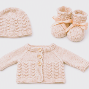 Luxury Handknitted Merino & Cashmere Baby Cardigan with Matching Hat and Booties;  0-3 Months