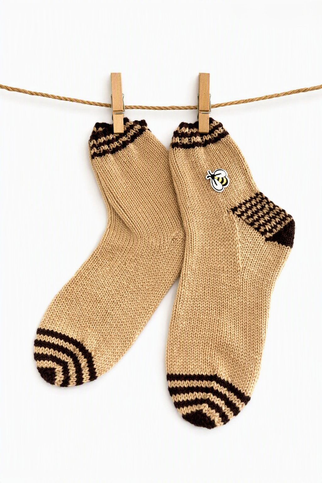 Hand-Knitted 'Bee' Socks - Tan & Brown - Garden Inspired Gift