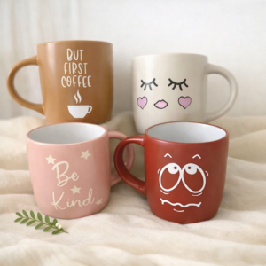 Set of 4 Stoneware Mugs with Funny Faces; Suitable for Coffee/Tea etc.
